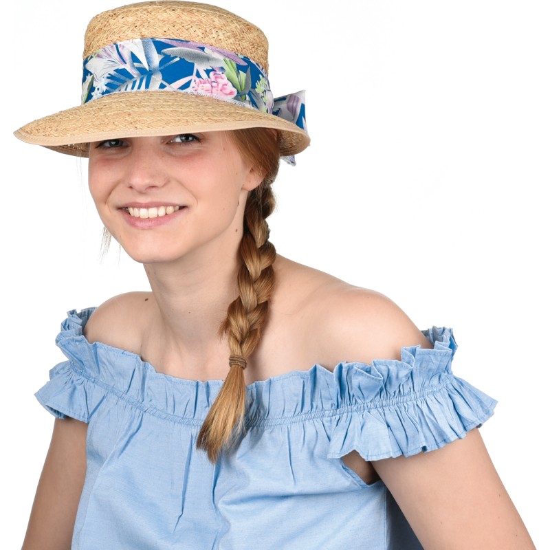 casquette femme chic en paille naturelle avec foulard tropical