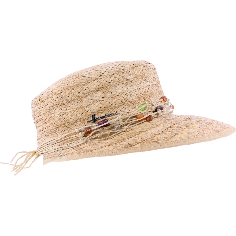 casquette femme en paille naturelle raphia avec perles