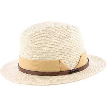 Chapeau grand bord uni chiné en paille papier cousue. Gros grain plié