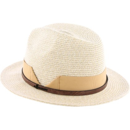 Chapeau grand bord uni chiné en paille papier cousue. Gros grain plié