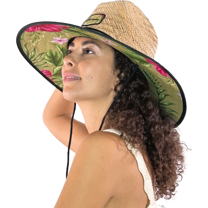 Chapeau paille naturelle grand bord  avec jugulaire dessous en tissu i