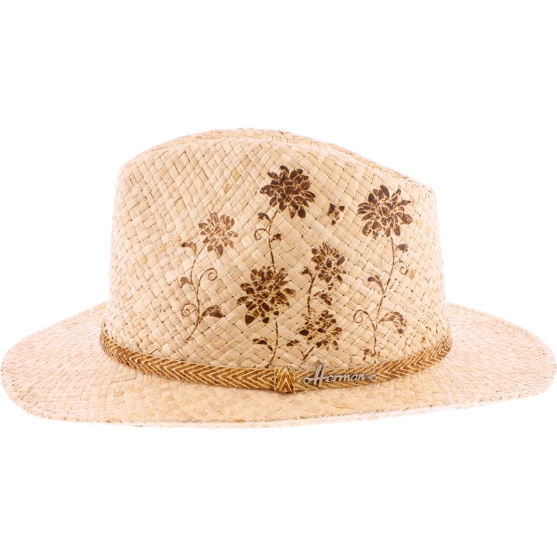 Large brim hat, in raffia straw, with braided hatband, hot-stamped flo