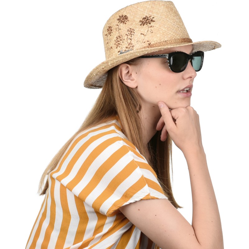 Chapeau grand bord en paille raphia avec bandeau tressé et motif flora