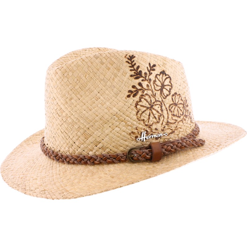 Chapeau grand bord en paille raphia avec bandeau tressé et motif flora