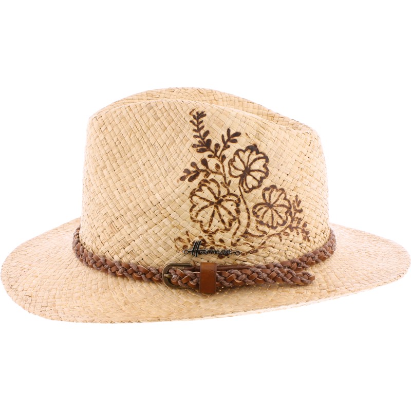 Large brim hat, in raffia straw, with braided hatband, hot-stamped flo