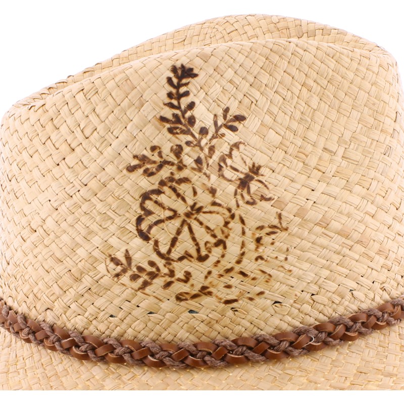 Chapeau grand bord en paille raphia avec bandeau tressé et motif flora