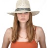 Large brim hat, in paper straw, geometric hatband and internal drawstr