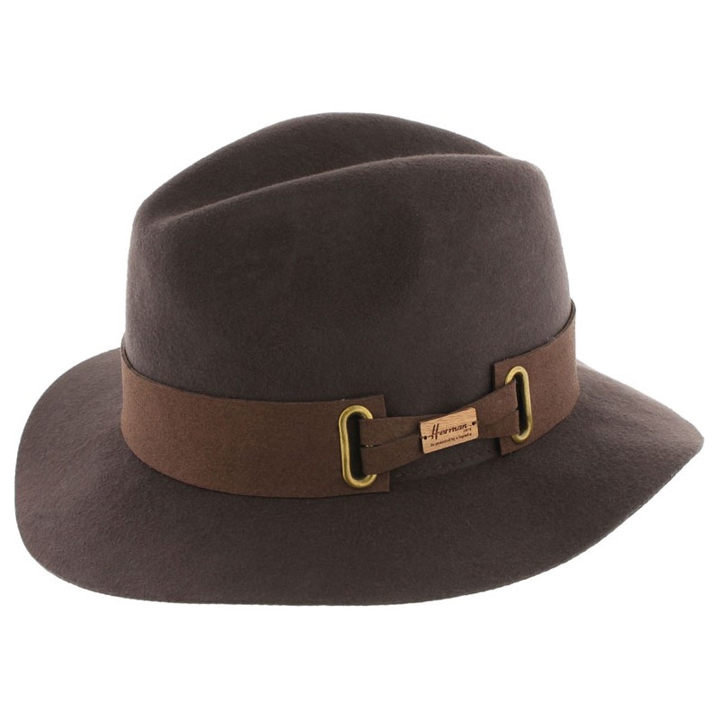 Chapeau laine mérinos petit bord avec ceinture en cuir