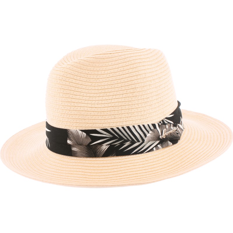 Large brim hat, in paper braid, pleated hatband and internal drawstrin