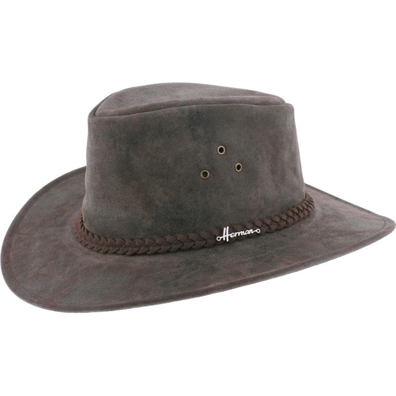 Large leather brim hat, with chin strap