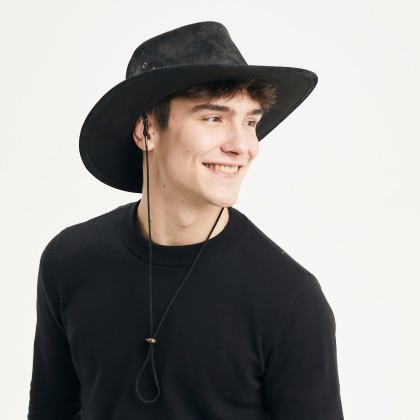 Large leather brim hat, with chin strap