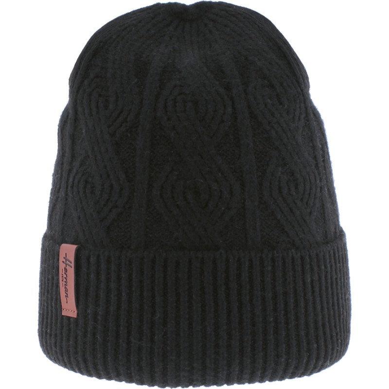 bonnet herman adulte en maille avec revers et torsades, coloris noir