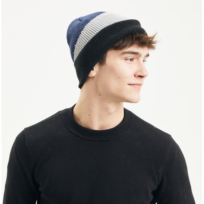 bonnet homme hiver, en maille tricolore avec revers