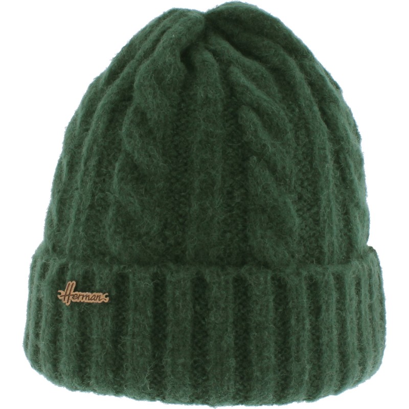 bonnet herman adulte, automne hiver, en maille torsadée avec revers, coloris vert fonce