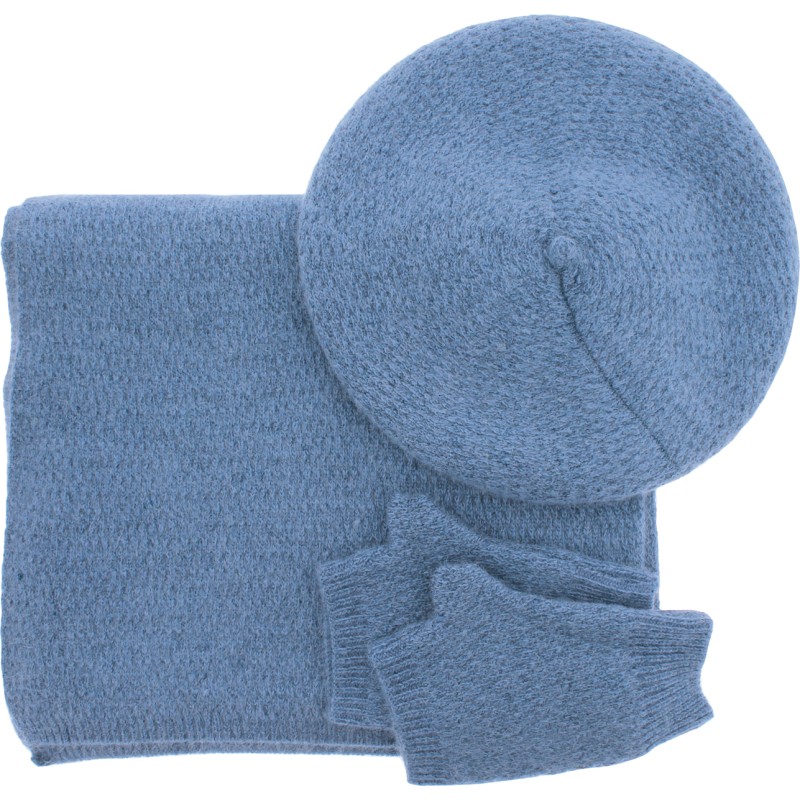 beret herman, set avec echarpe et mitaines bleu