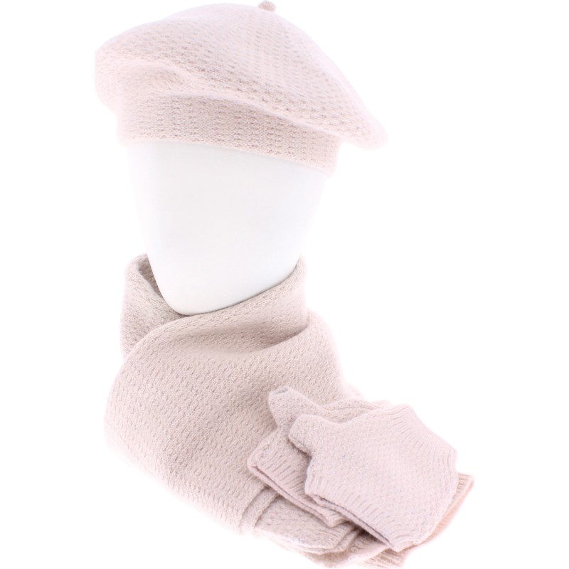 Plain set, with LUREX thread, consisting of a beret, mittens and a sca