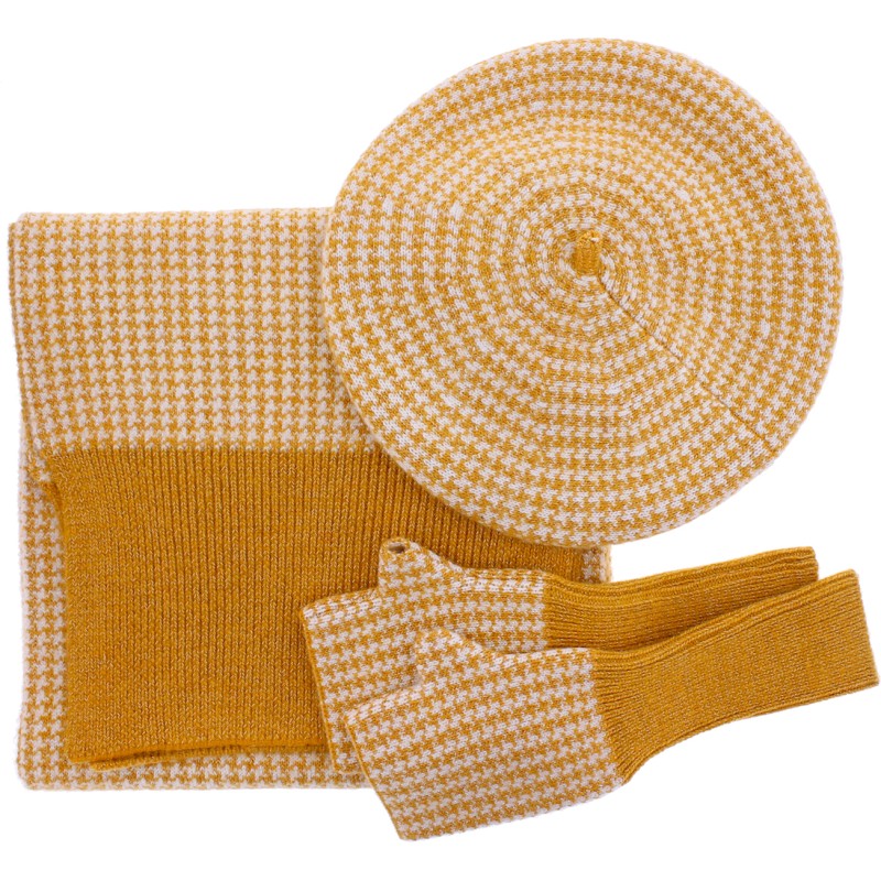 Set motif pied de poule, avec fil LUREX, composé d'un béret, de mitain