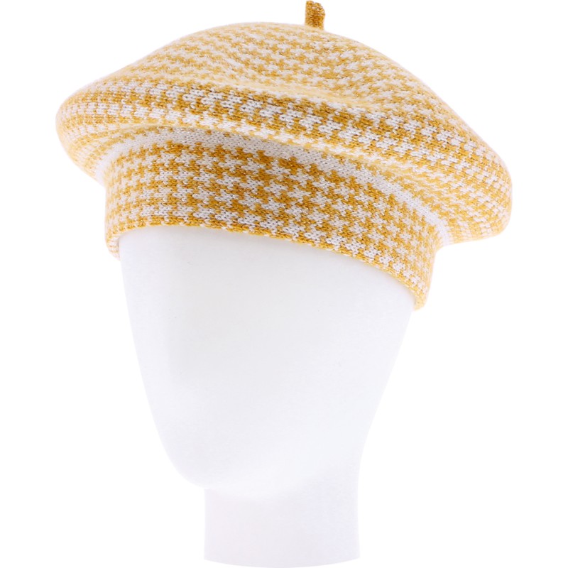 Beret femmes hiver vichy  jaune et blanc