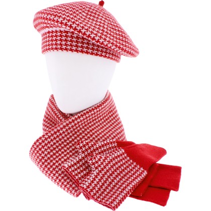 Houndstooth pattern set, with LUREX thread, consisting of a beret, lon