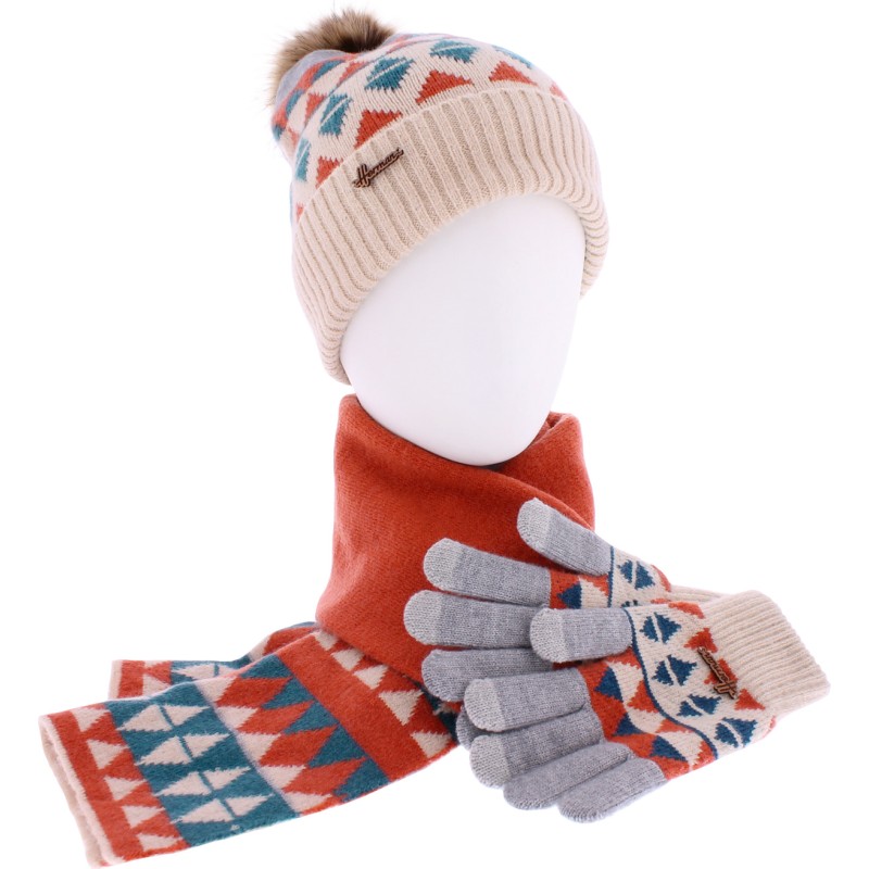 Set composé d'un bonnet à pompon, d'une paire de gants tactiles et d'u