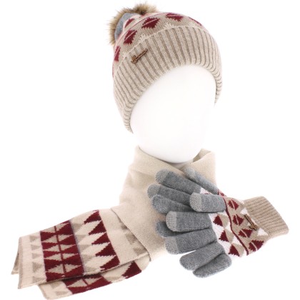 Set consisting of a pompom hat, a pair of tactile gloves and a scarf (