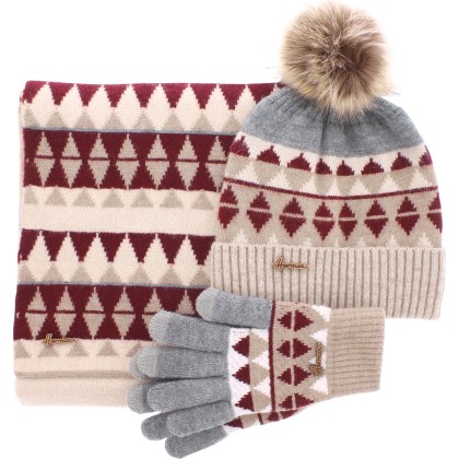 Set consisting of a pompom hat, a pair of tactile gloves and a scarf (