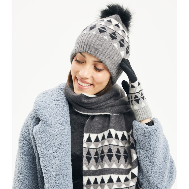 Set consisting of a pompom hat, a pair of tactile gloves and a scarf (