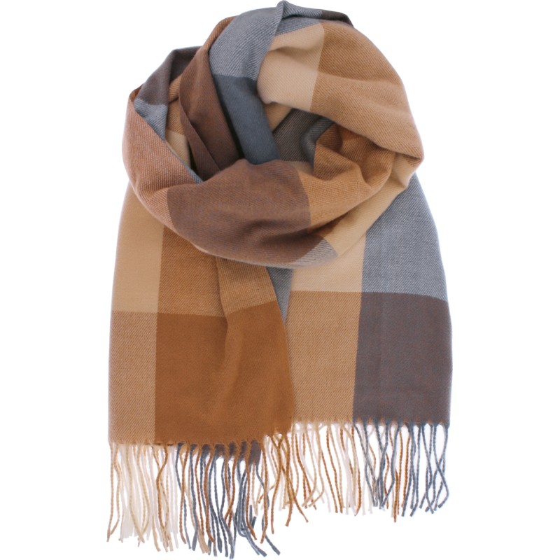 Large fringed scarf, with large check pattern, 190 x 68 cm