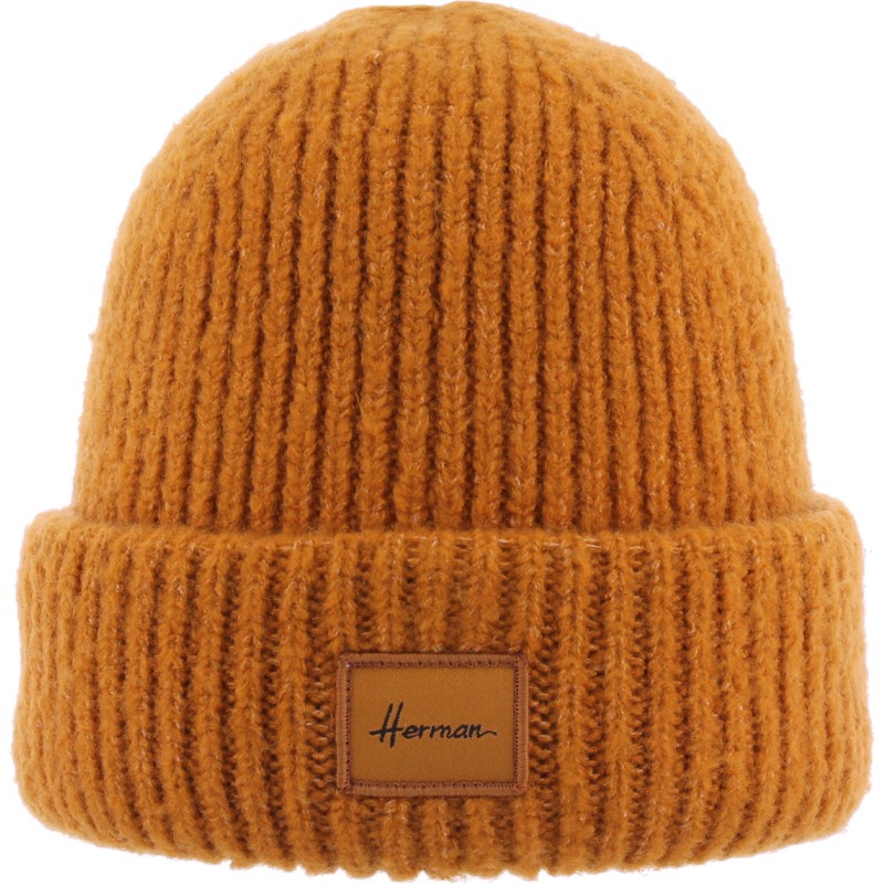 Plain chunky knit adult beanie with badge and cuff