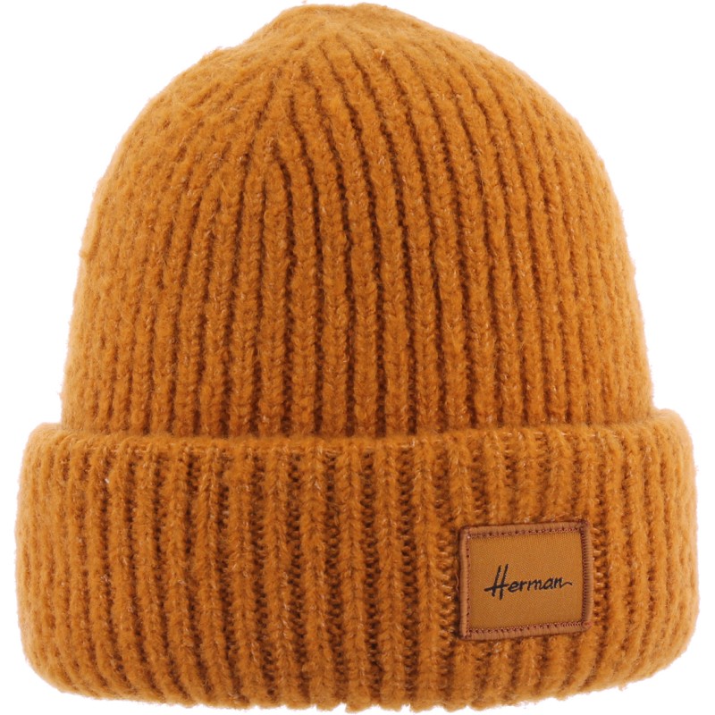 Plain chunky knit adult beanie with badge and cuff