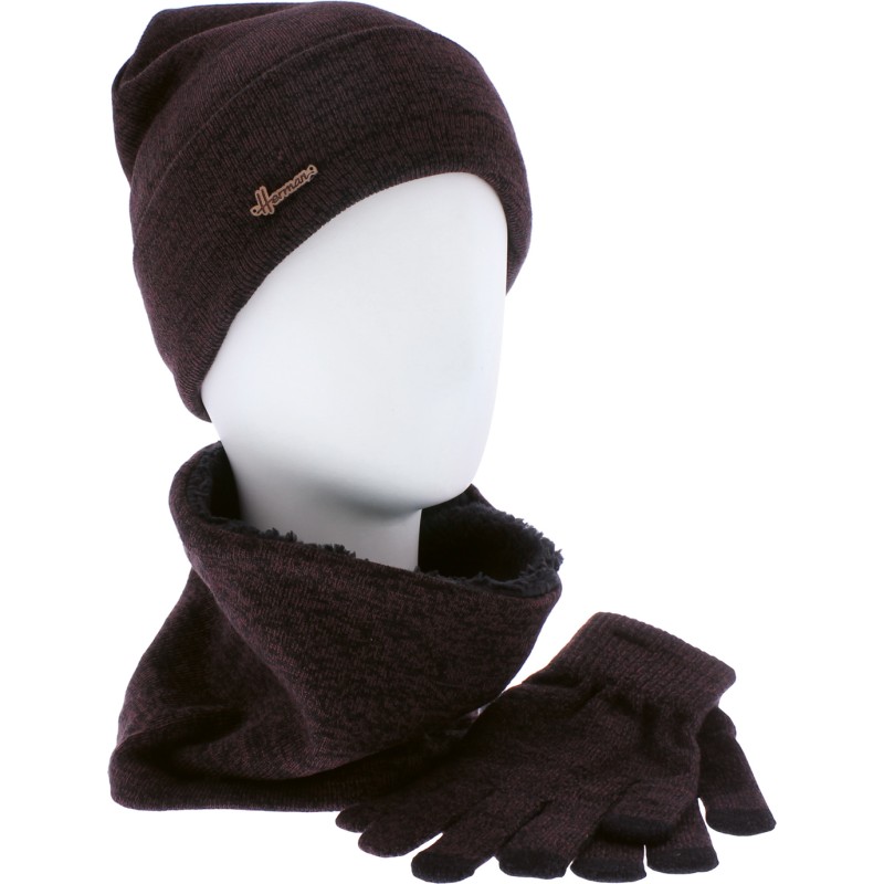 Set consisting of a plush-lined cuffed beanie, a neck warmer and a pai