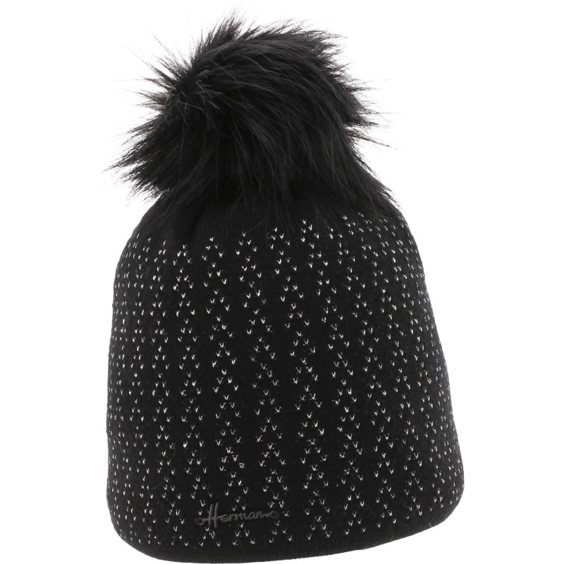 Adult hat with tassel in faux fur. It is knitted with lurex with a che