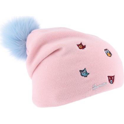 Bonnet uni en maille broderie  et pompon fausse fourrure doublé micro