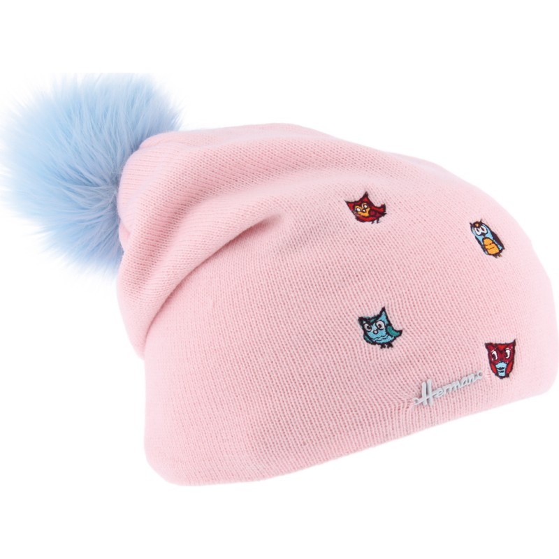 Bonnet uni en maille broderie  et pompon fausse fourrure doublé micro