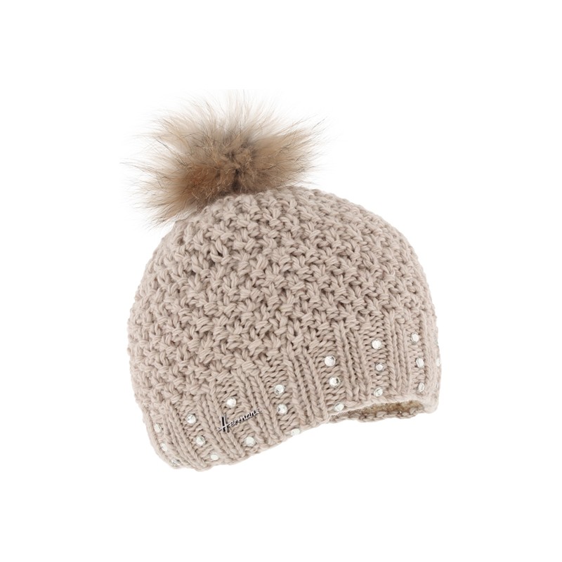 Bonnet grosse maille tricoté main + strass et pompon fausse fourrure