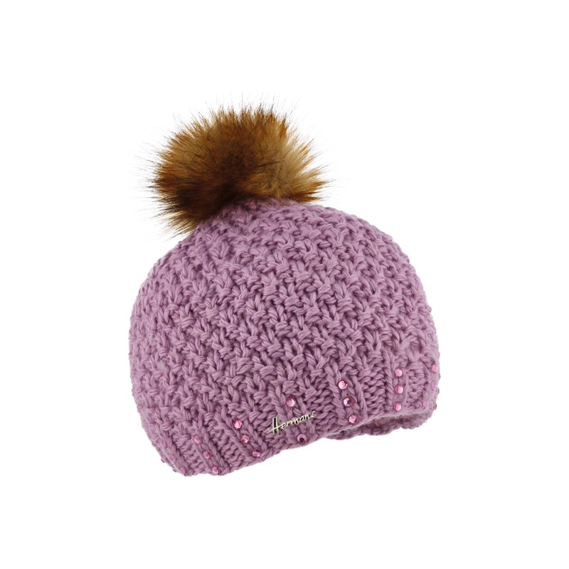 Rhinestone beanie with fake fur pompom