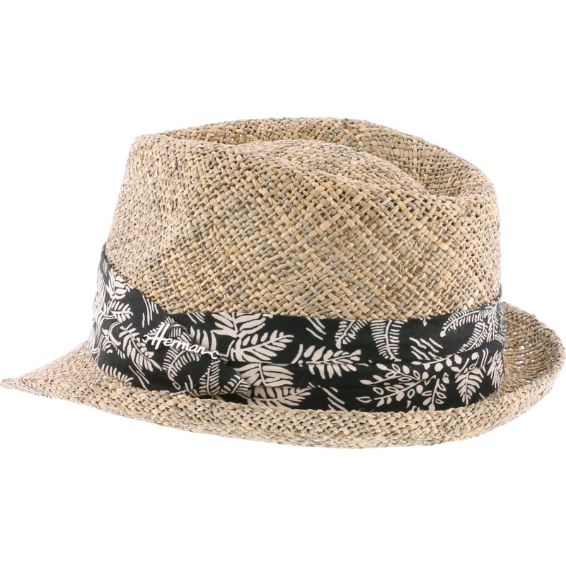 Chapeau petit bord relevé en paille seagrass uni avec fine ceinture en