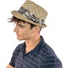 Chapeau petit bord relevé en paille seagrass uni avec fine ceinture en