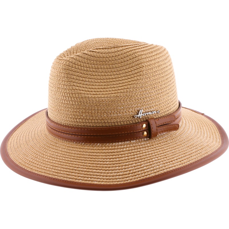 Large brim hat in paper straw pu leatherbelt and pu bound edge brim