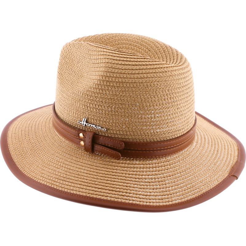 Large brim hat in paper straw  - pu leatherbelt and pu bound edge brim