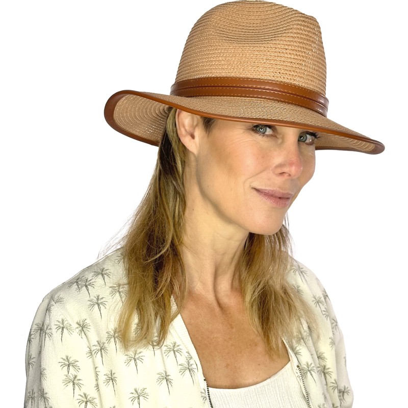 Large brim hat in paper straw  - pu leatherbelt and pu bound edge brim