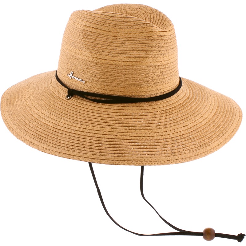 Large brim hat with chinstrap and internal drawstring for size adjustm