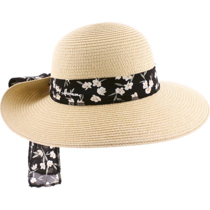 Large brim hat raised at the back in paper braid with flower pattern s