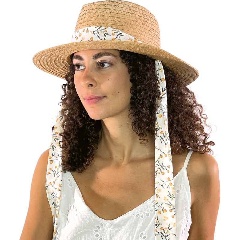 Chapeau en paille raphia avec foulard amovible et cordon de serrage in