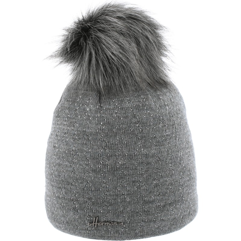 bonnet pompon fausse fourrure gris