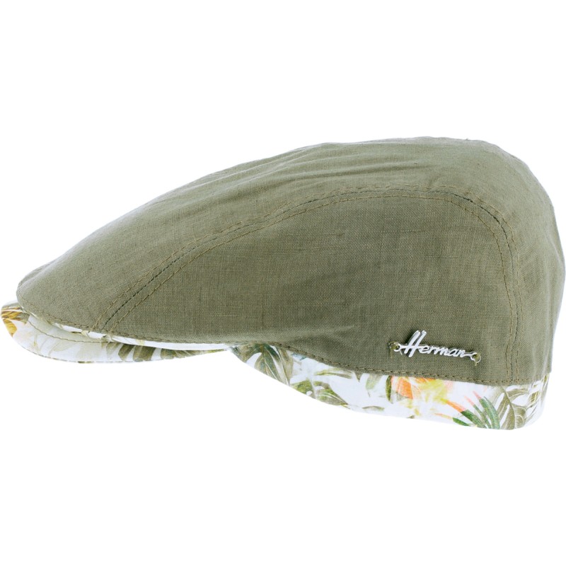 Plain color flat cap with pattern fabric edging and  peak