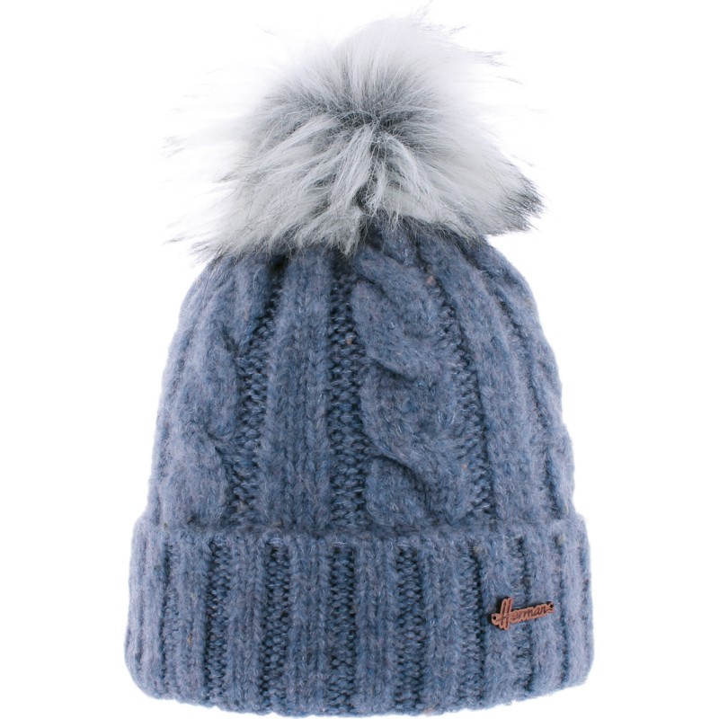 Heathered women's twisted beanie with faux fur pompom