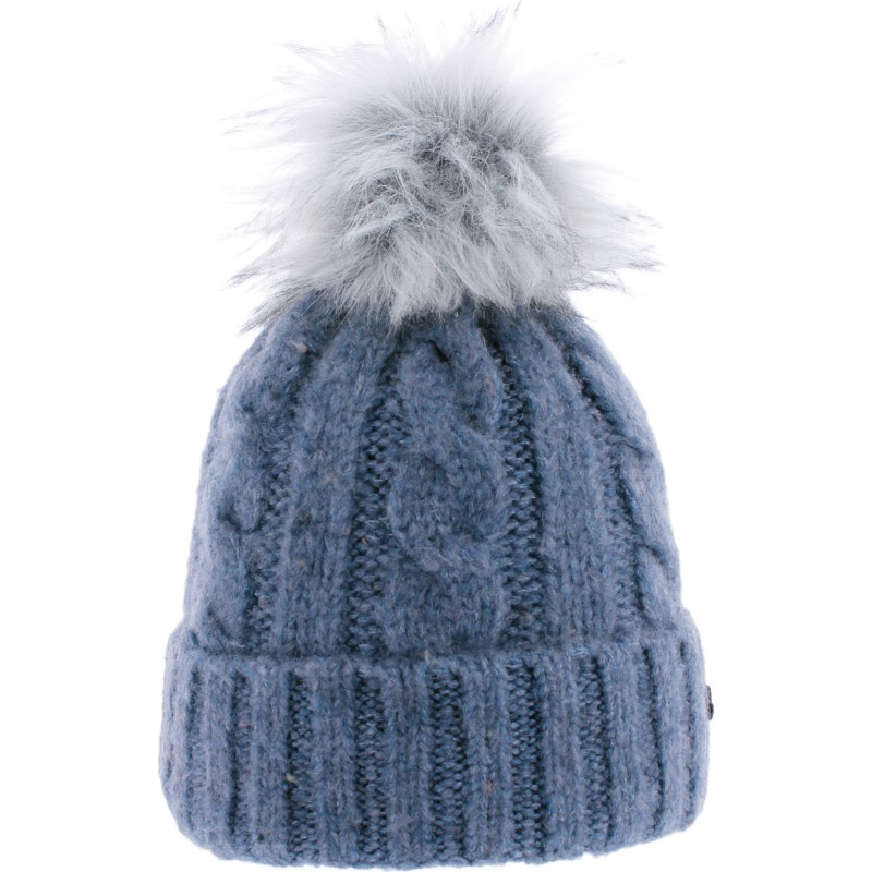 Heathered women's twisted beanie with faux fur pompom