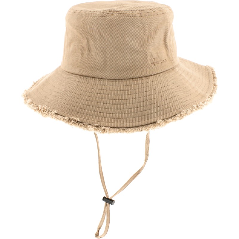 Plain color bucket hat, with chinstrap and frayed hem. With  sun prote