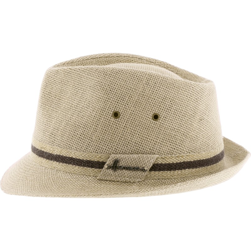 Small brim plain color linen hat with bi-color headband.